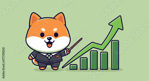 Cartoon Shiba Inu in Suit Presenting a Growing Bar Graph.