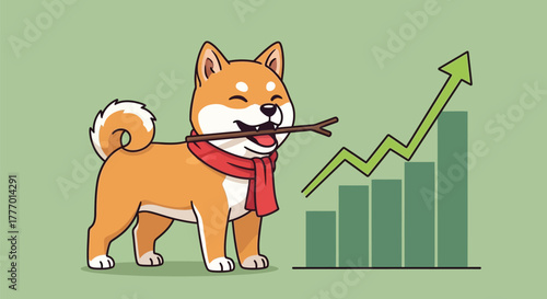 A happy cartoon Shiba Inu dog with a red scarf holds a stick next to a rising green bar chart.