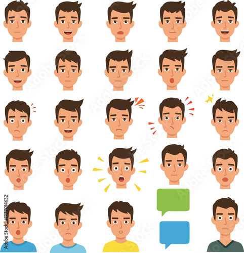 Pixel Art Man Face Expressions Icon Set Flat Design