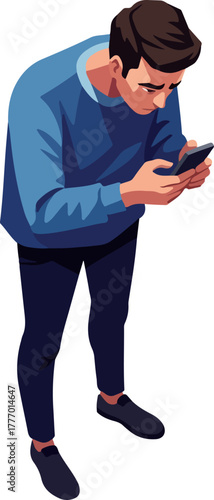 Pixel Art Man In Blue Sweater Using Mobile Phone Isometric View