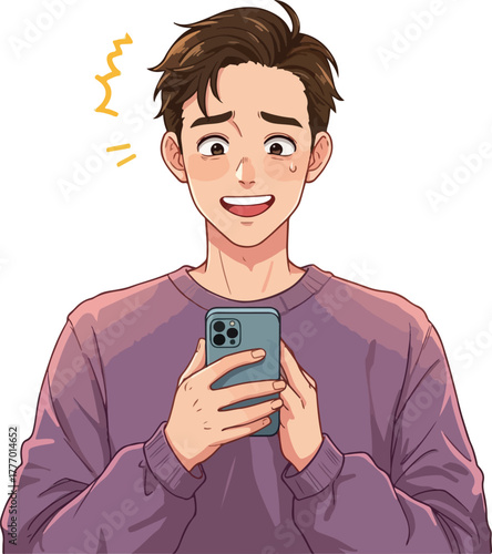Pixel Art Man Holds Phone Excitedly Wearing Purple Sweater Soft Lighting