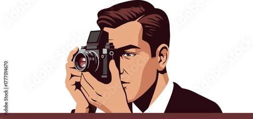 Pixel Art Man Photographer Holding Vintage Camera Taking Photo