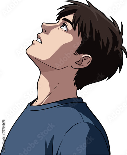 Pixel Art Man Looking Up Blue TShirt Isolated White Background