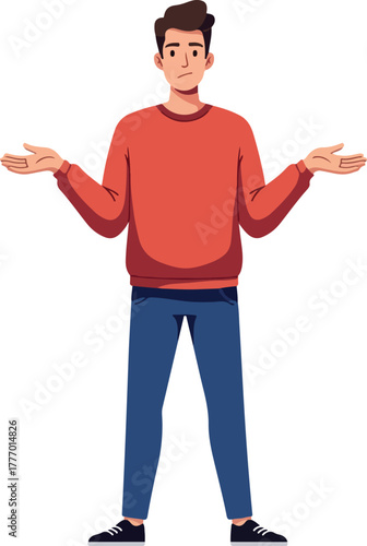 Pixel Art Man Shrugging Arms Out Confused Expression Wearing Orange Sweater Blue Jeans