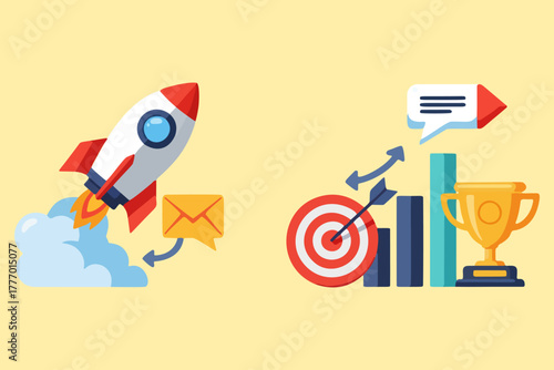 Business startup and development concept with flat design icons. Rocket launch for a new project and graphs for success metrics