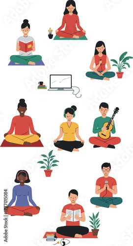 Pixel Art People Meditating Yoga Reading Guitar and Music on White Background