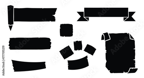 Vector black silhouette paper banners and scrolls for design asset