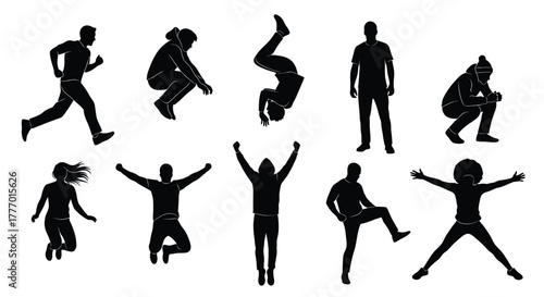 Stock vector silhouettes of people in various poses and actions