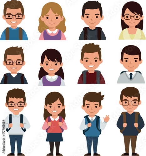 Pixel Art School Kids Group Vector Illustration Characters