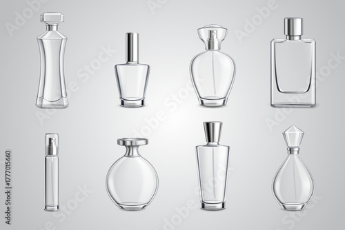 Realistic Transparent Perfume Bottle Vector Set — Luxury Cosmetic Packaging Design