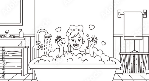 Woman taking bubble bath cartoon illustration bathroom scene art
