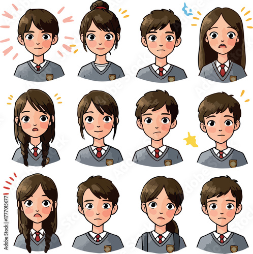Pixel Art School Kids Expressing Emotions With Gray Uniforms