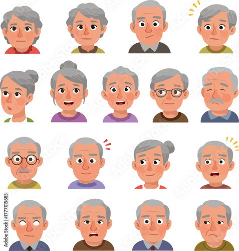 Pixel Art Senior Faces Expressing Various Emotions Vector Set