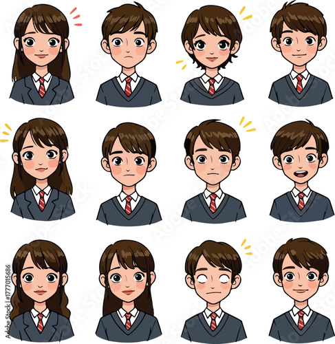 Pixel Art School Uniform Icons Set Boys Girls Characters