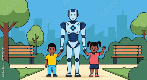 Illustration of robot with kids in park ai future technology art