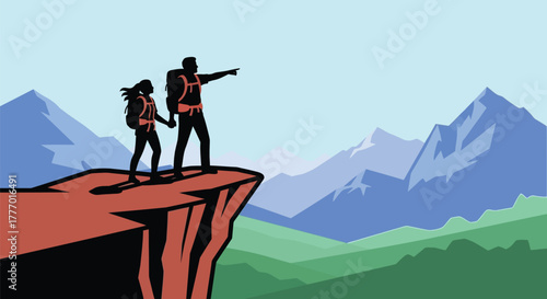 Couple hiking adventure on mountain peak with scenic landscape view