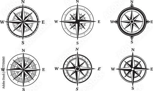 Compass rose icons set, navigation direction symbols, vintage compass design collection, travel navigation graphic, adventure exploration map elements vector