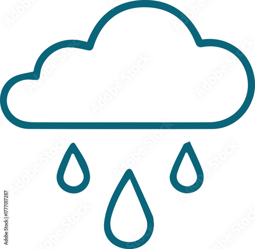 Minimalist teal blue outline cloud with three falling raindrops representing rain