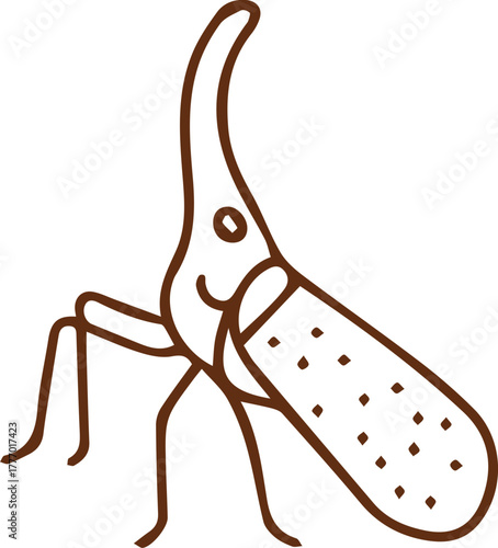 Minimalist brown line art of an intriguing insect with a long curved head and patterned body