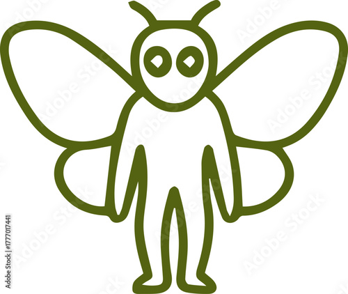 Whimsical green outline bee person standing on a light cream background