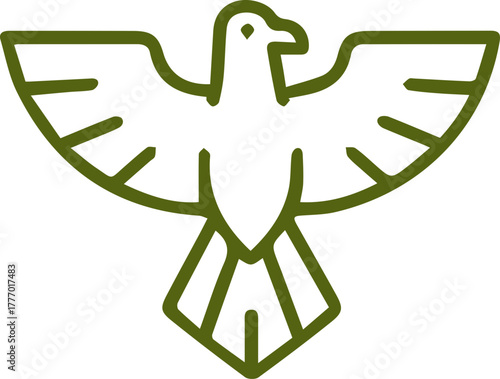 Modern olive green line art icon of a powerful stylized bird with wings spread