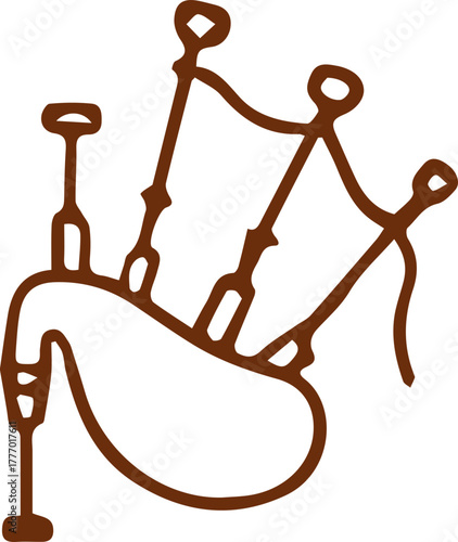 Scottish traditional bagpipe musical instrument icon simple brown line art design