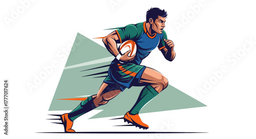 Dynamic rugby player with ball in motion, showcasing speed and athletic power, perfect for sports branding and event promotions