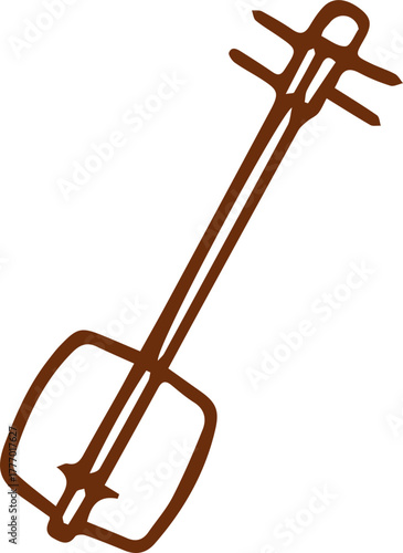 Elegant hand drawn brown line art depicting a classic Japanese Shamisen on a light background
