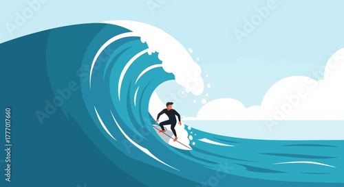 Dynamic surfer expertly rides a massive ocean wave, capturing the thrill and adventure of extreme water sports.
