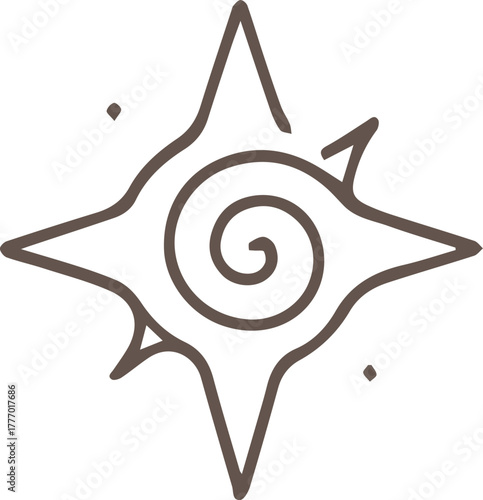 Abstract Star Compass Rose with Central Spiral Minimalist Line Art Icon