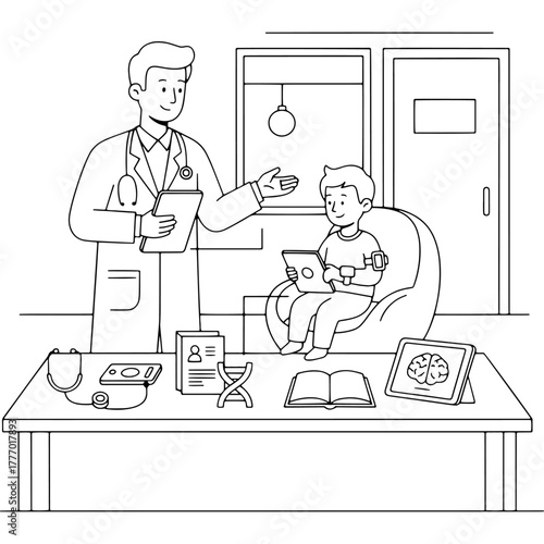Medical examination and healthcare concept vector illustration. Doctor examining a child in the clinic. Stethoscope, patient file, DNA and brain scan on the desk.