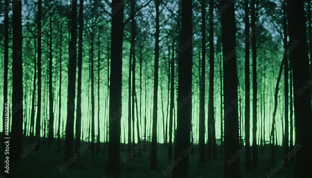 Fototapeta premium Mysterious forest with ethereal green glow and tall silhouettes, dreamy cinematic atmosphere for fantasy or nature inspired backgrounds