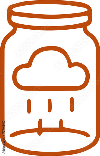 A minimalist drawing of a cloud shedding raindrops inside a clear glass container