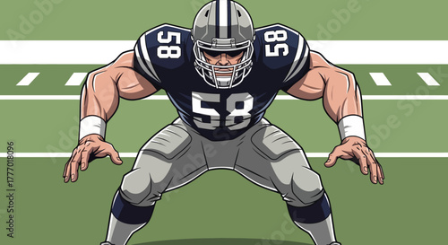 Powerful football player in ready stance on field, showcasing strength and focus for game day action and team spirit.