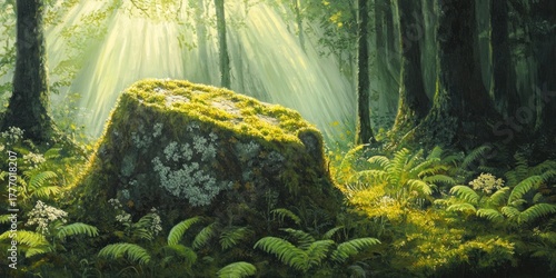 Enchanting forest scene with golden sunbeams illuminating a moss-covered rock and lush green ferns.