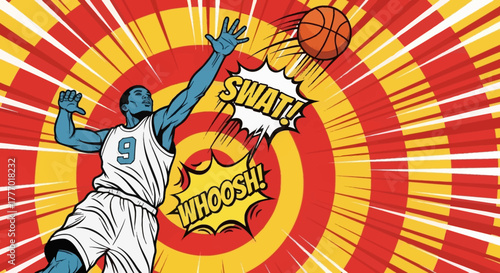 Dynamic basketball player leaps for a game winning swat as the ball flies through the air with explosive comic book sound effects