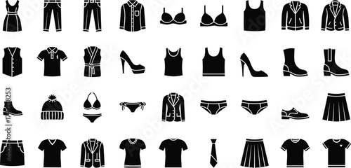 Clothing icon set, fashion silhouette, apparel graphic, dress, shirt, pants, skirt, blazer, accessories, footwear, underwear, design, style