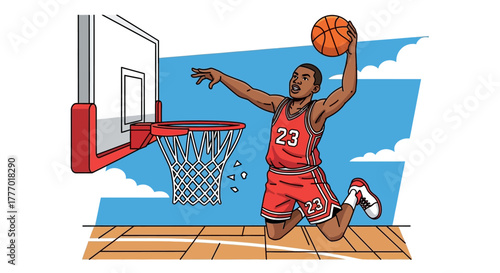 Dynamic athlete soars for a powerful slam dunk, showcasing incredible athleticism and the thrill of the game in a vibrant, action-packed scene