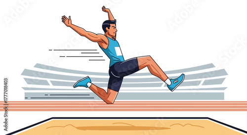 Dynamic athlete leaps in mid-air during a thrilling long jump competition over a sandy pit, showcasing peak athletic performance and competitive spirit.