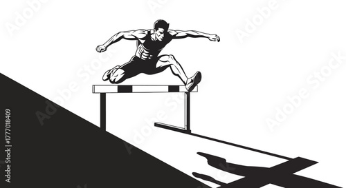 Dynamic athlete leaps over hurdle in intense track and field race, showcasing power and determination for peak performance