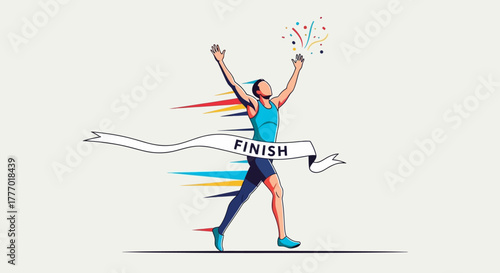 Triumphant runner crossing the finish line with confetti, a vibrant celebration of achievement and success in sports or business goals