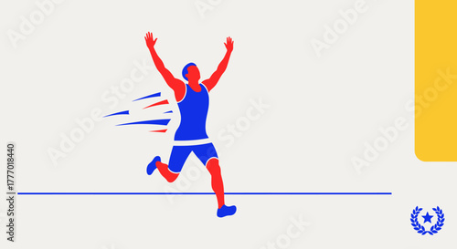 Dynamic runner sprinting to victory, crossing the finish line with arms raised in celebration, perfect for sports, achievement, and motivation concepts