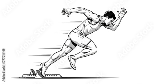 Dynamic athlete sprinting from starting block, showcasing speed and power, ideal for sports, fitness, and competitive themes, monochrome illustration style