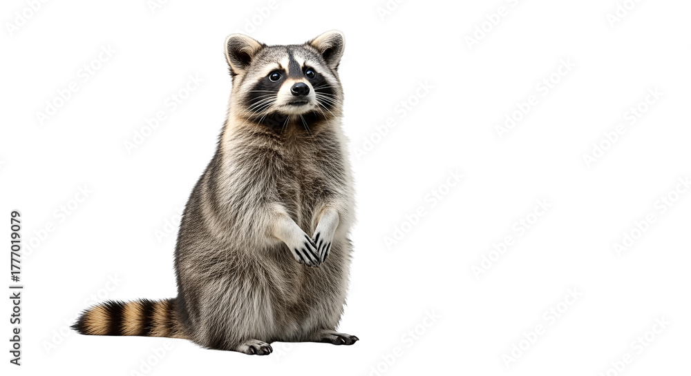 Fototapeta premium A curious raccoon stands isolated on transparent background