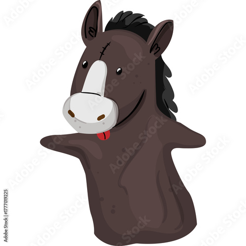 Brown horse puppet toy with black mane and white nose sticking out tongue on transparent background playful cartoon character