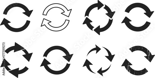 Circular refresh and reload arrow icons set, rotation loop symbols, repeat process, sync design, update concept, interface graphic elements.