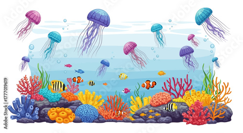 Undersea scene colorful coral reef various fish and a scattering of jellyfish floating above