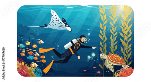 Underwater scene with diver stingray turtle coral reef and seaweed