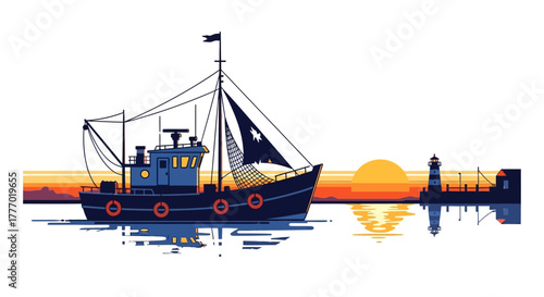 A blue fishing boat on water faces a pier and lighthouse with a sunset in the background