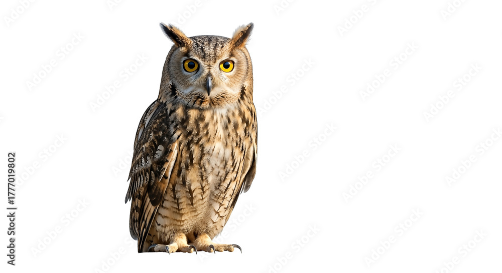 Obraz premium A Majestic Eurasian Eagle Owl Perched isolated on transparent background, PNG.